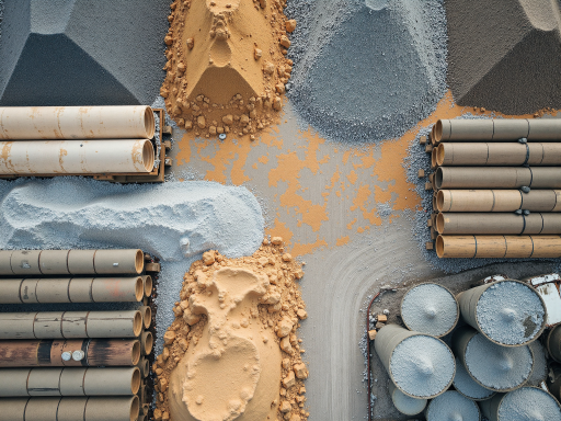 建筑材料展示，各种建材整齐堆放，体现建筑实力