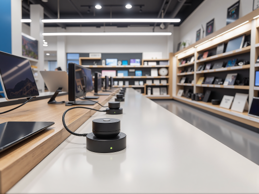 电子产品展示，各种电子设备整齐排列，现代科技感强