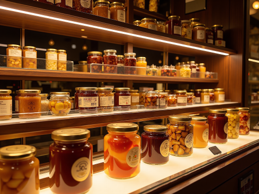 食品展示，包装精美的食品整齐摆放，体现品质