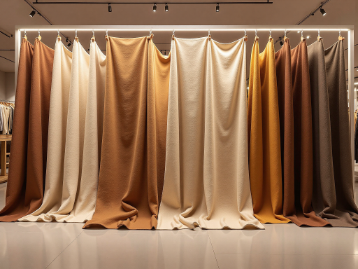 纺织品展示，各种布料样品整齐摆放，色彩丰富